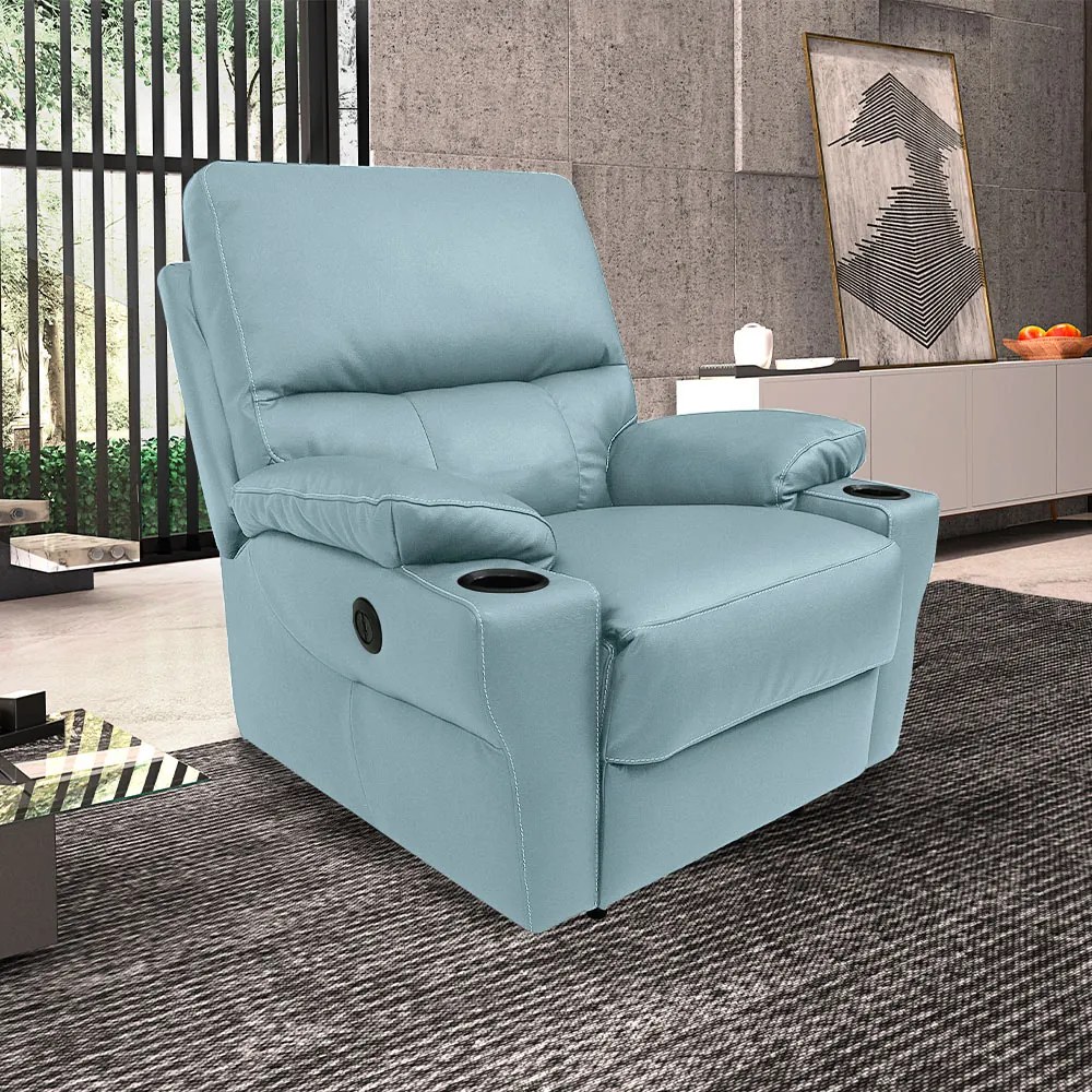 Poltrona do Papai Sala de Cinema Reclinável Mia Power Elétrico Base Fixa Couro Azul Celeste G40 - Gran Belo
