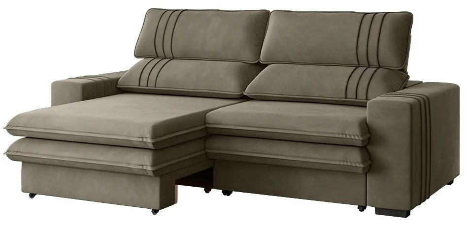 Sofá 2 Lugares Retrátil Noruega 230 cm Veludo Pés Tabaco - D'Rossi - Cappuccino