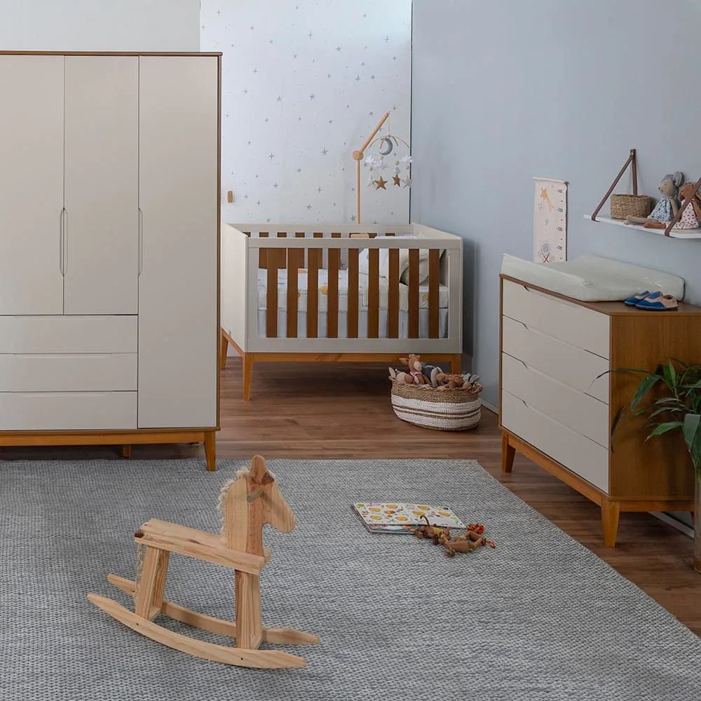 Kit Quarto Infantil com Pés Square Mel - Cômoda Elfe 4 Gavetas + Guarda-Roupa Elfe + Berço Mini Cama Noah - Areia Fosco e Savana