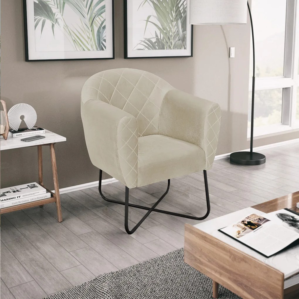 Poltrona Grazi Base X Preta Linho - ADJ Decor