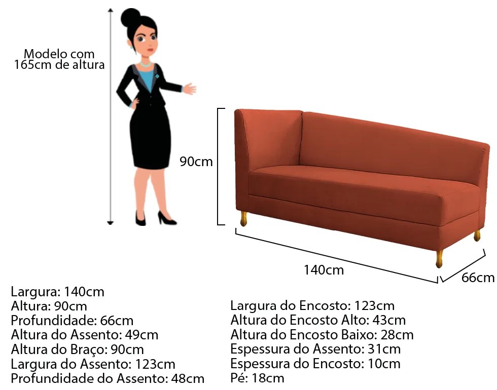 Recamier Valéria 140cm Lado Esquerdo Suede Terracota- ADJ Decor
