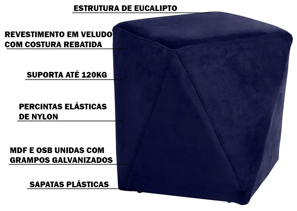 Puff Decorativo Sala de Estar Blois Veludo Azul Bic G15 - Gran Belo