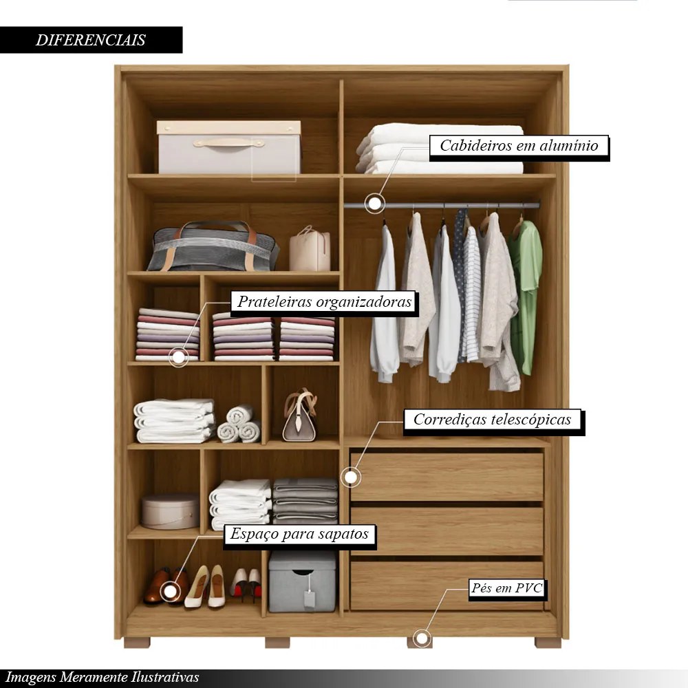 Guarda Roupa Solteiro Bravus 4 Portas de Bater com Espelhos e 3 Gavetas MDP Buriti/OffWhite G11 - Gran Belo