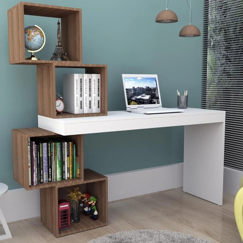Mesa Escrivaninha 4 Nichos Home Office Castanho e Branco