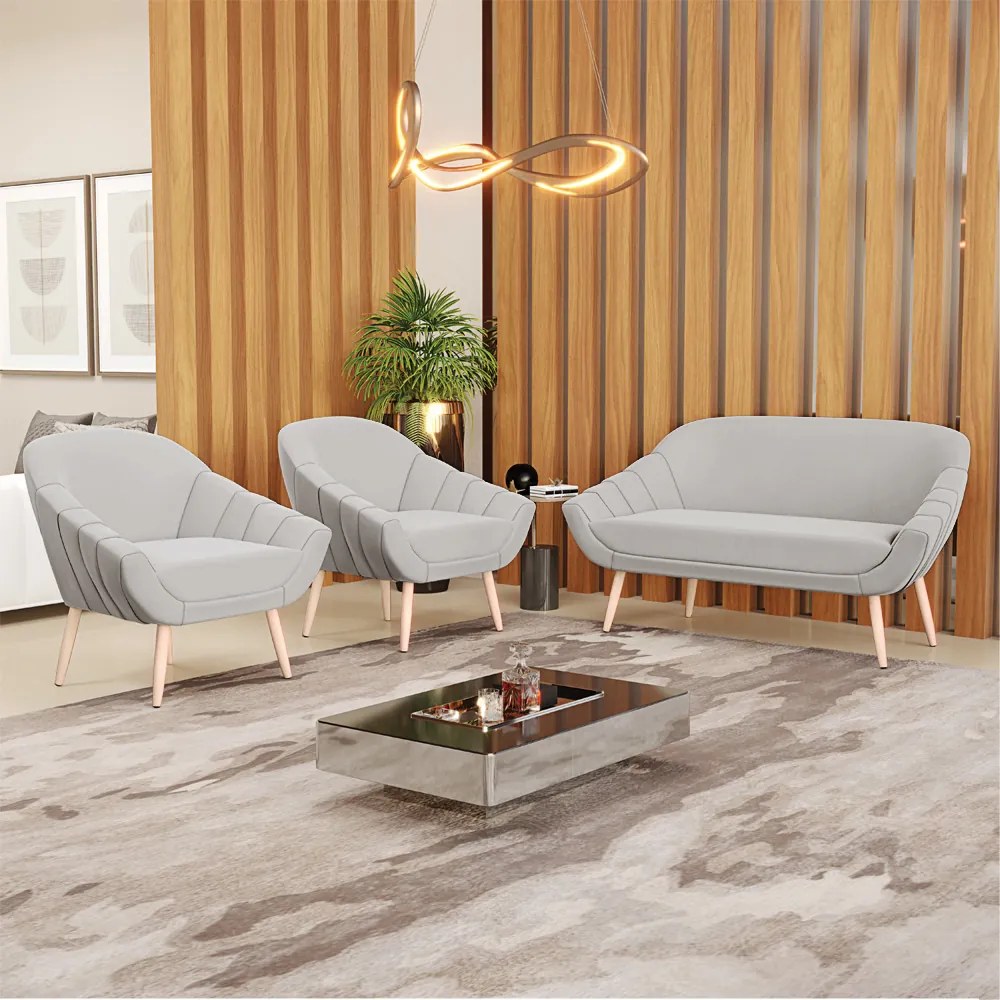 Kit 01 Namoradeira 02 Lugares e 02 Poltronas Giovana Veludo Cinza Pés Palito Natural - Indo Decorar