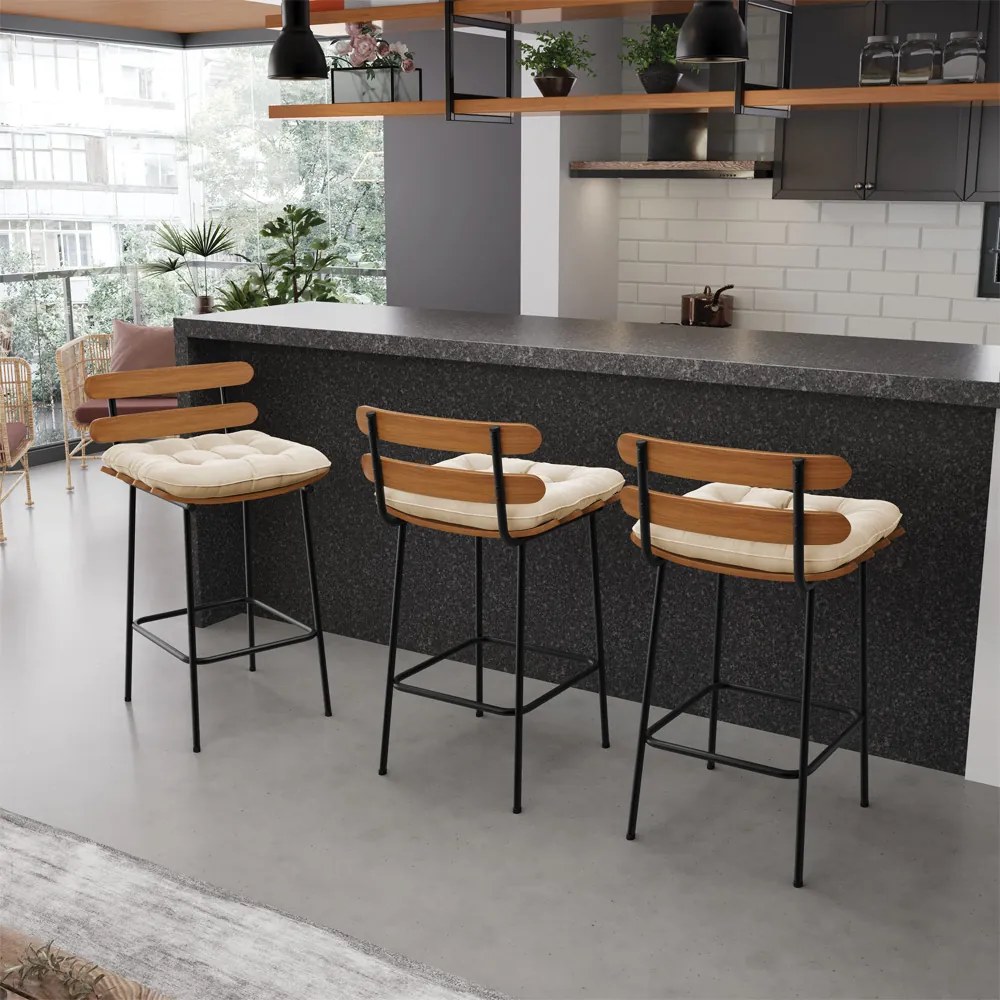 Kit 04 Banquetas Costela Suede Bege Base Metálica Preto - D'Rossi