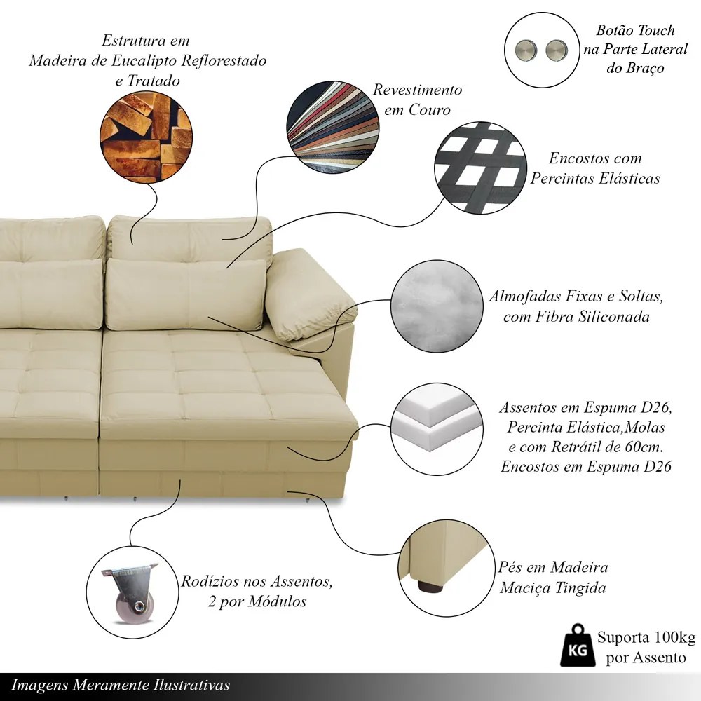 Sofá Retrátil Elétrico Sala de Estar Nolan Bipartido 414cm Conforto Premium em Couro Bege G58 - Gran Belo