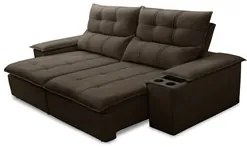 Sofá Retrátil 3 Lugares com Porta Copo 210cm Malta F05 Veludo Marrom E