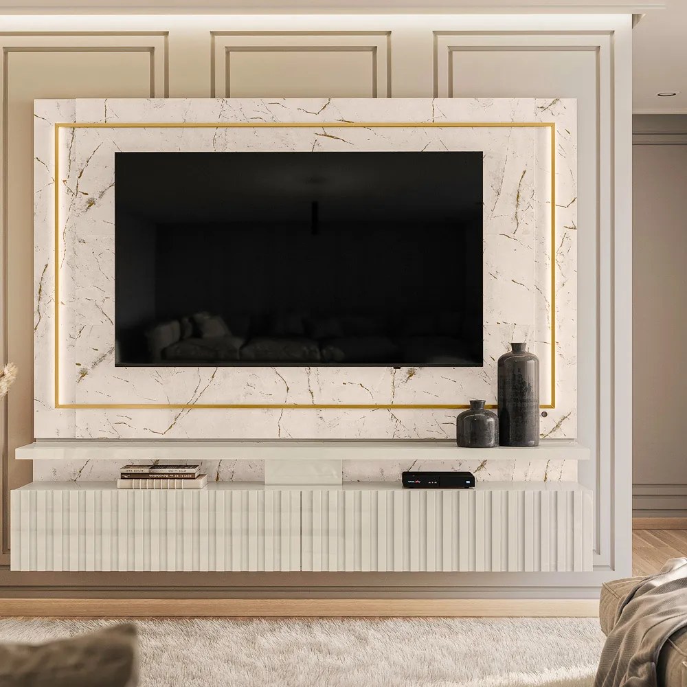 Painel TV 75 Pol 216cm Bancada Suspensa Ripado Lurian Calacata/Off White M20 - D'Rossi