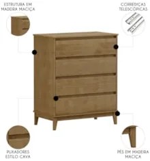 Cômoda Para Quarto 81cm 4 Gavetas Solvi Freijó F07 - Mpozenat