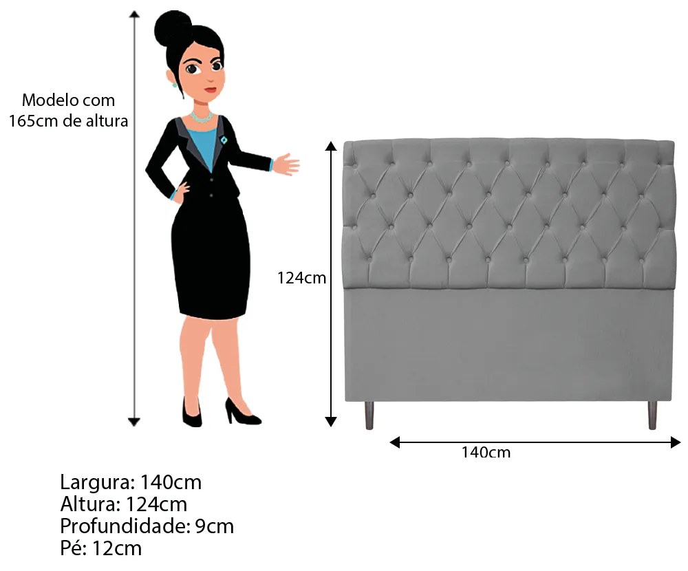 Cabeceira Estofada Liverpool 140 cm Casal Suede Cinza - ADJ Decor