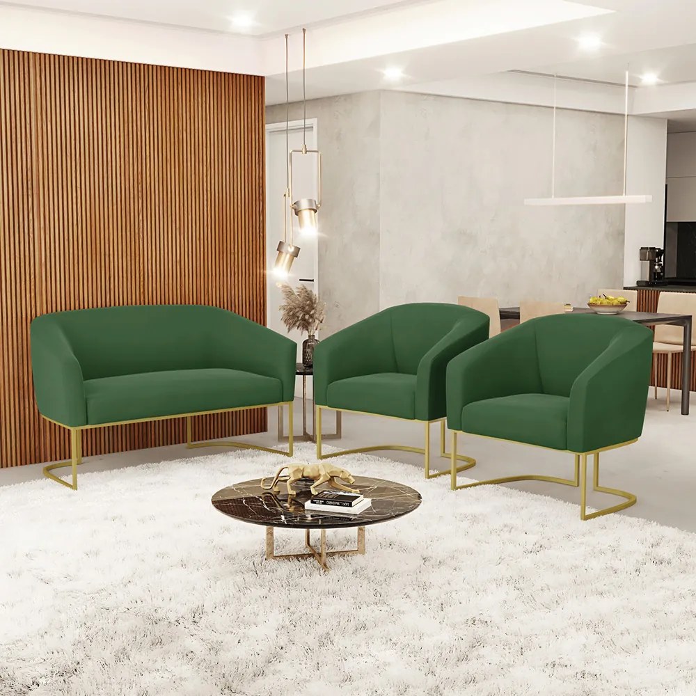Namoradeira e 2 Poltronas Base Industrial Dourado Stella Suede D03 - D'Rossi - Verde