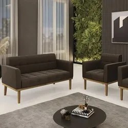 Sofá Namoradeira e 1 Poltrona Base Madeira Castanho Ana Suede Marrom -