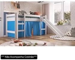 Cama Elevada Com Escorregador E Cortina BB1000 Branco/Azul - Completa