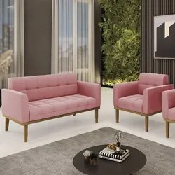 Sofá Namoradeira e 1 Poltrona Base Madeira Castanho Ana Suede Rosê - I