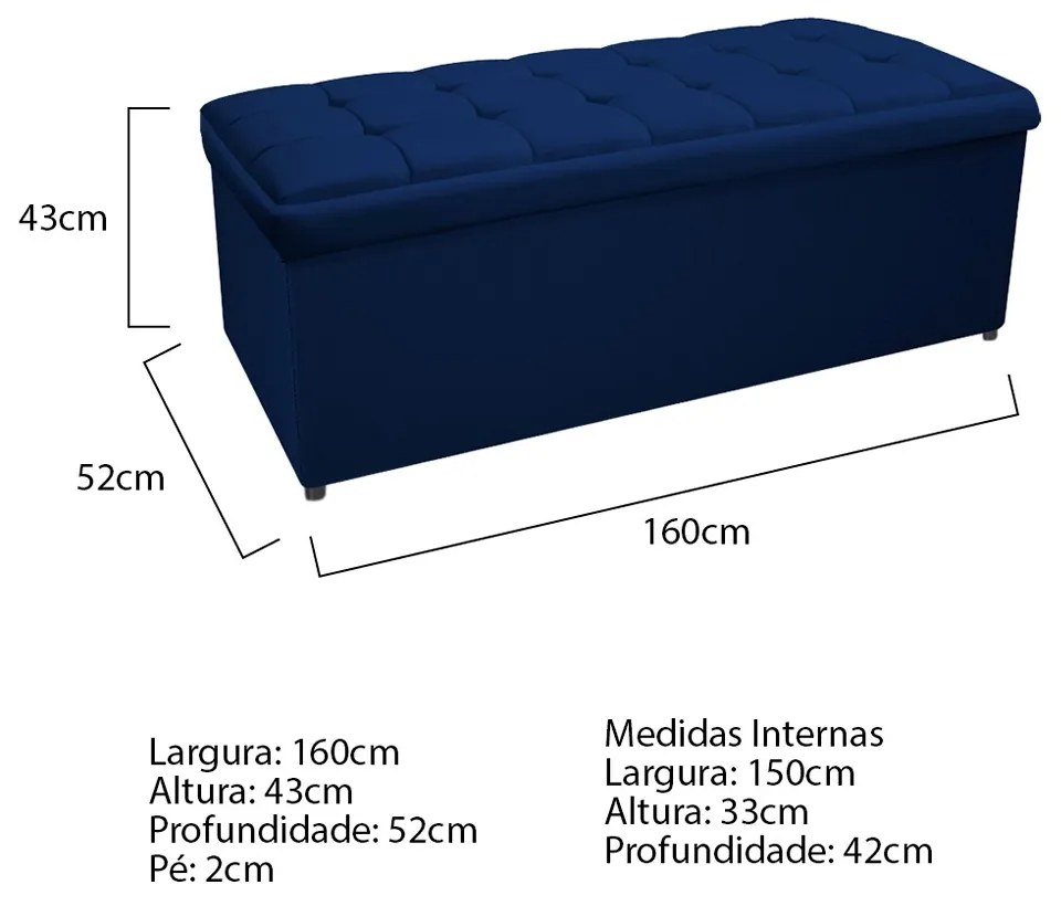 Calçadeira Copenhague 160 cm Queen Size Suede Azul Marinho - ADJ Decor