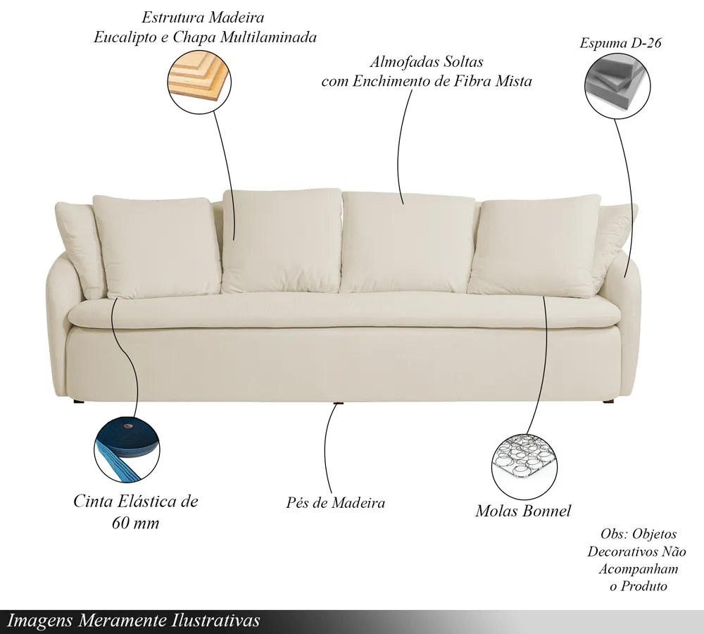 Sofá Living Sala de Estar Toscana 270cm 3 Lugares Veludo Luxo Off White G92 - Gran Belo