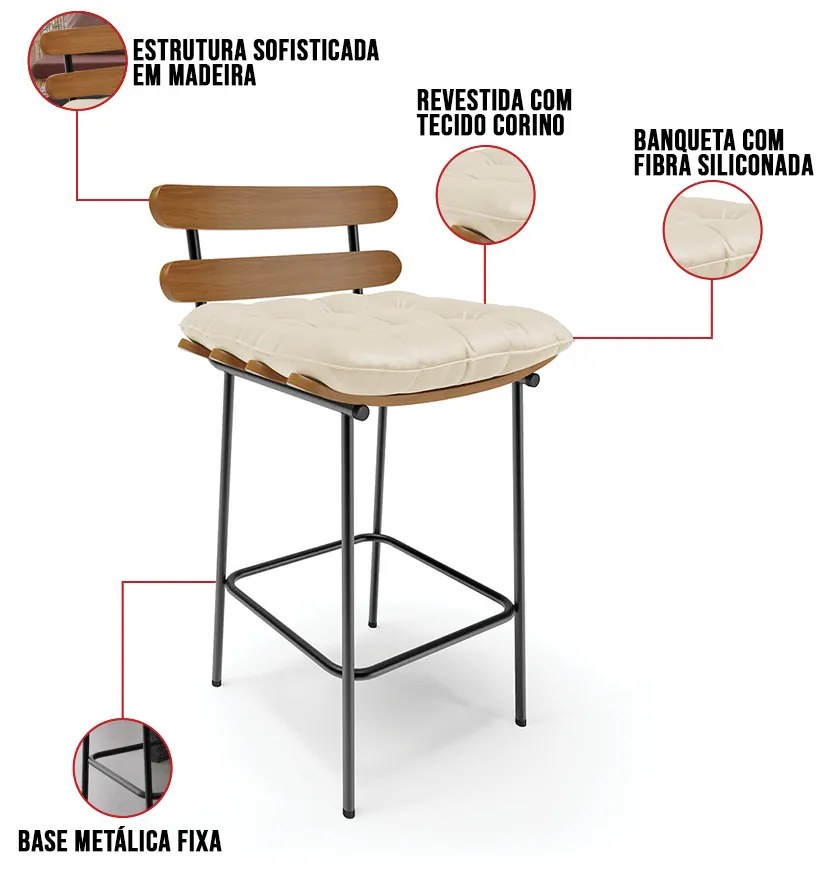Banqueta Costela Corino Base Metálica Preto J01 - D'Rossi - Bege