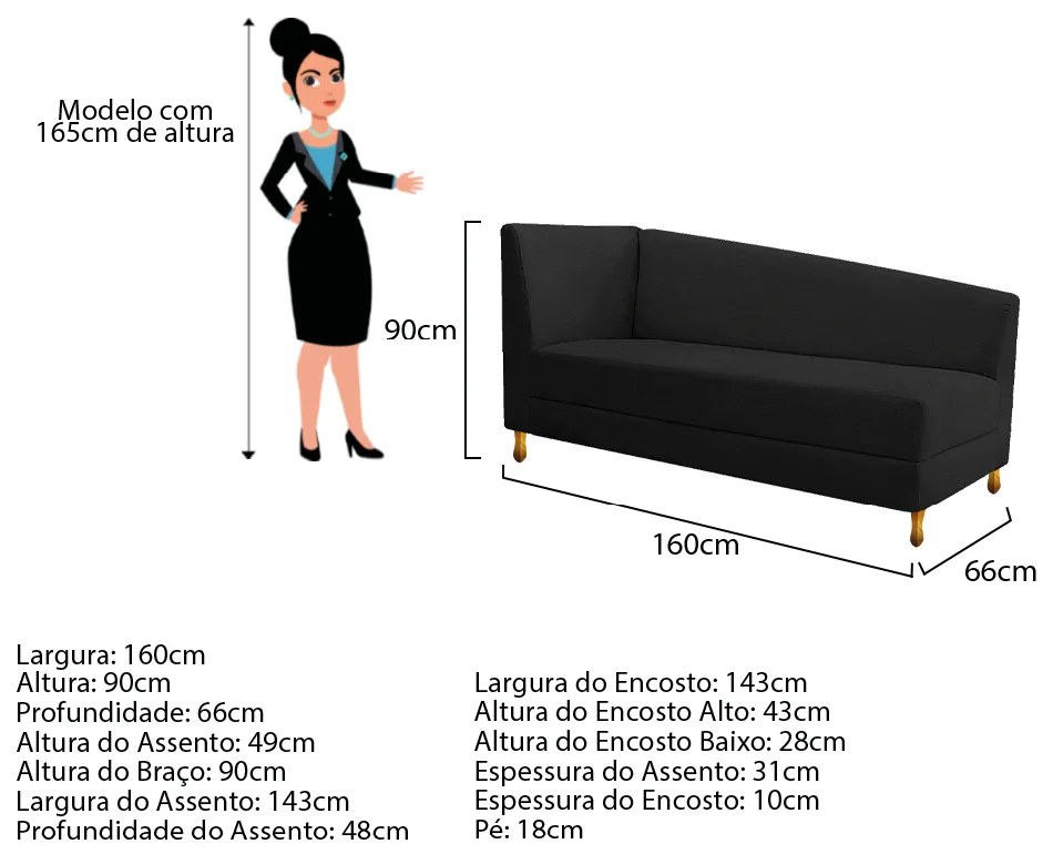 Recamier Valéria 160cm Lado Esquerdo Corano Preto - ADJ Decor