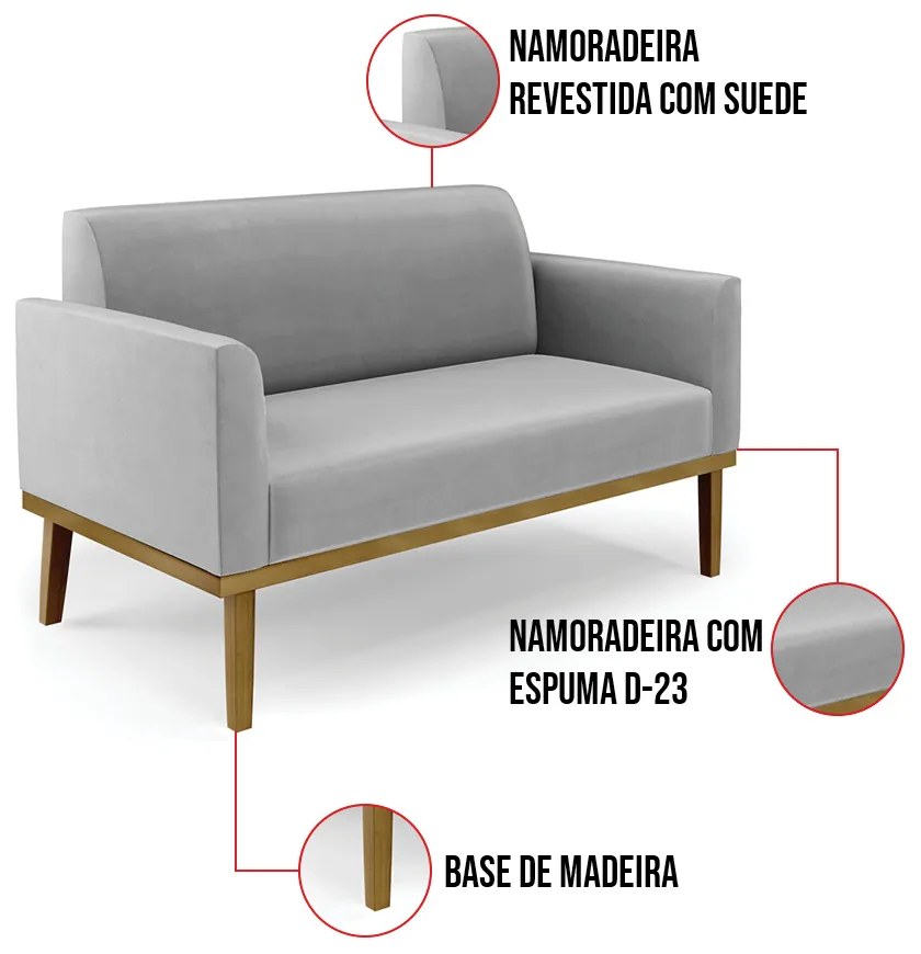 Sofá Namoradeira Base de Madeira Fixa Castanho Marisa Suede - Cinza