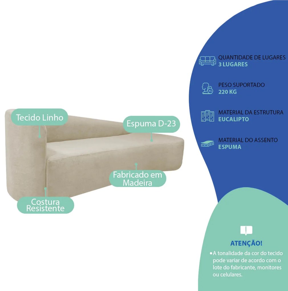 Kit Sofá Curvo França 160cm LD. e 2 Poltronas Luiza Max Conforto, Elegância e Design Moderno Linho
