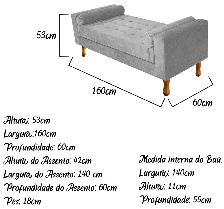 Recamier Félix Queen Size 160cm Suede Cinza - ADJ Decor