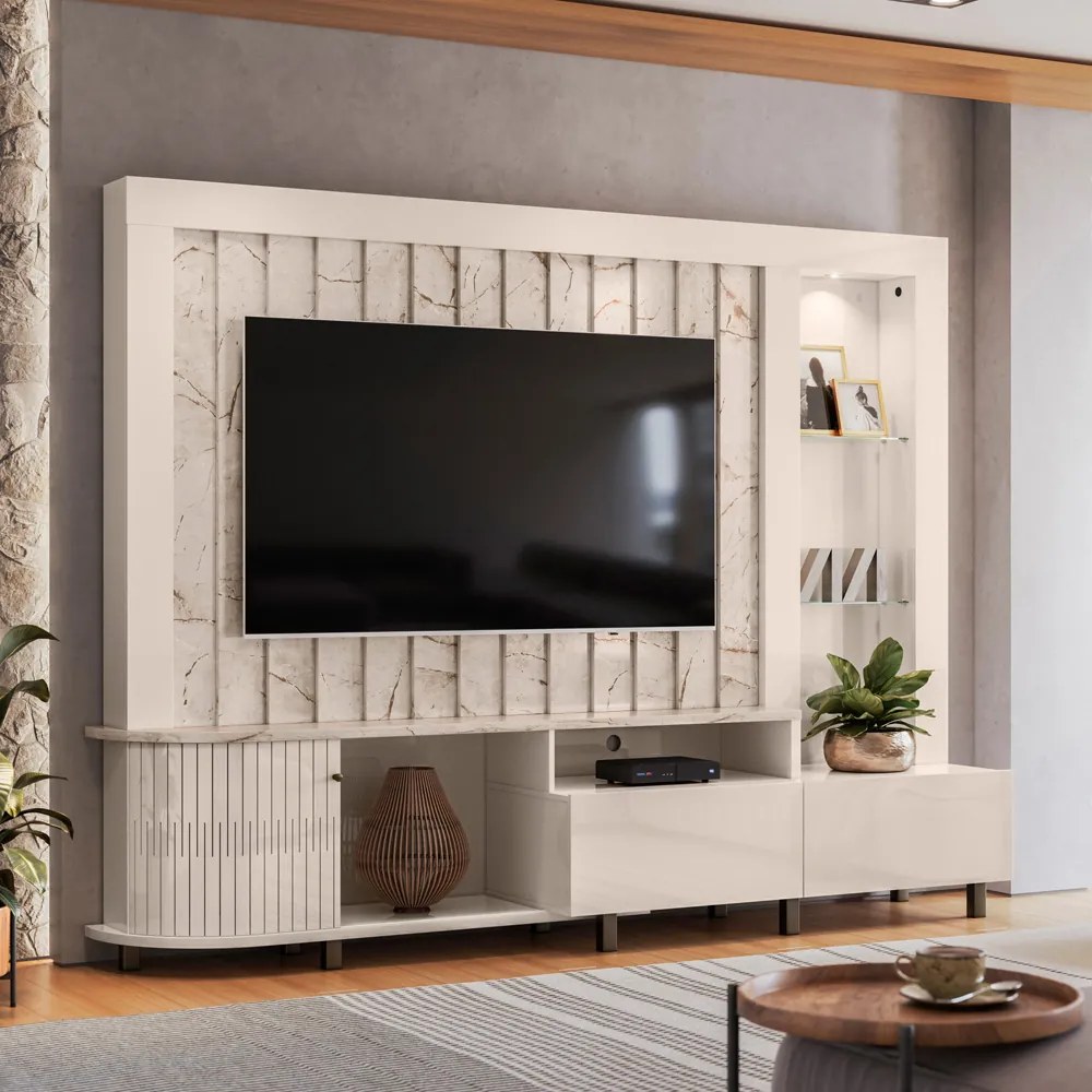 Estante de TV 70 Pol 243cm Ripado Sala de Estar Nivora M20 - D'Rossi - Calacata e Off White