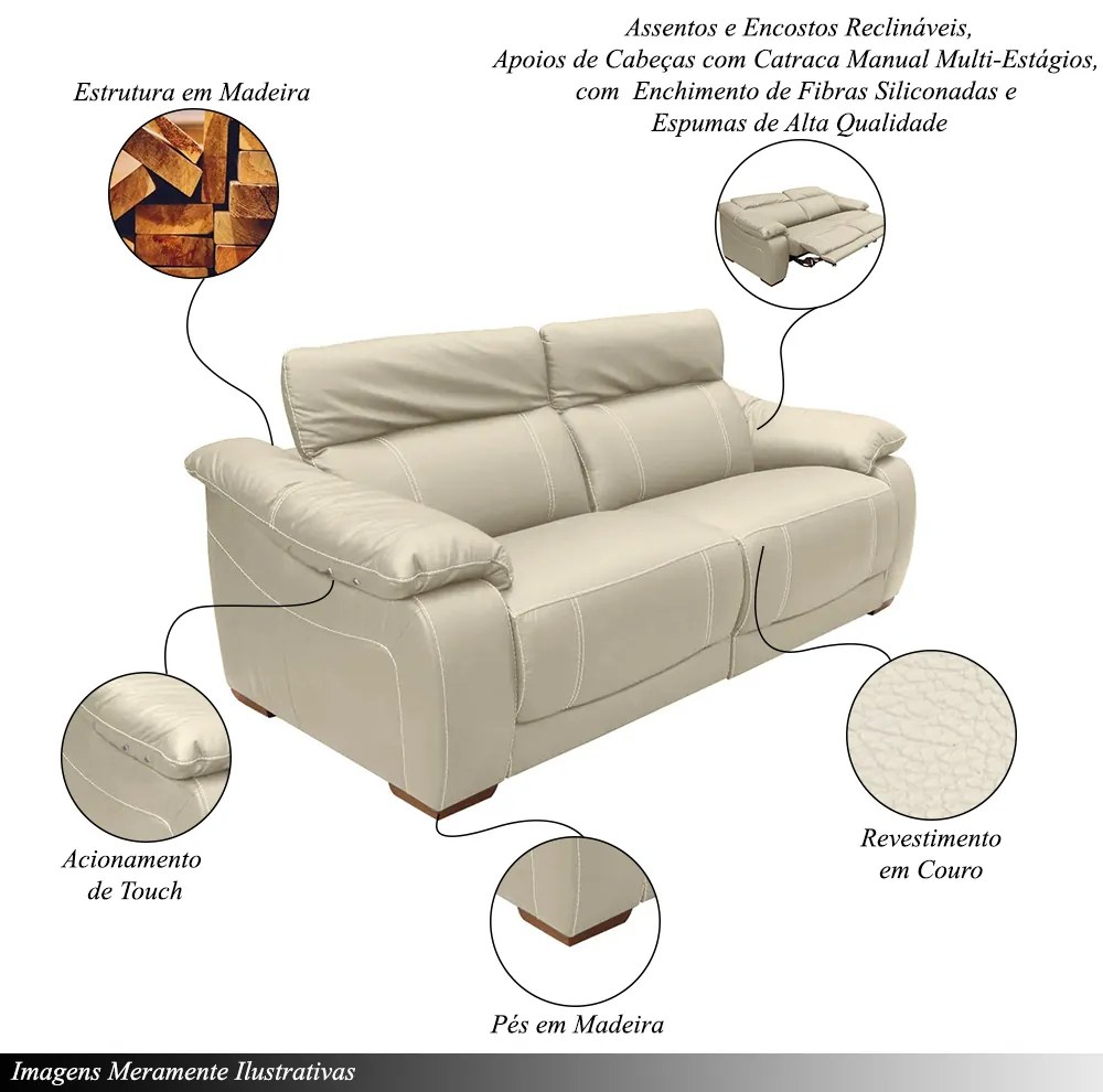Sofá Elétrico Reclinável Sala de Estar Concepción U076 224cm Modulado Botão Touch Couro Bege Claro G49 - Idea Relax By Natuzzi Group
