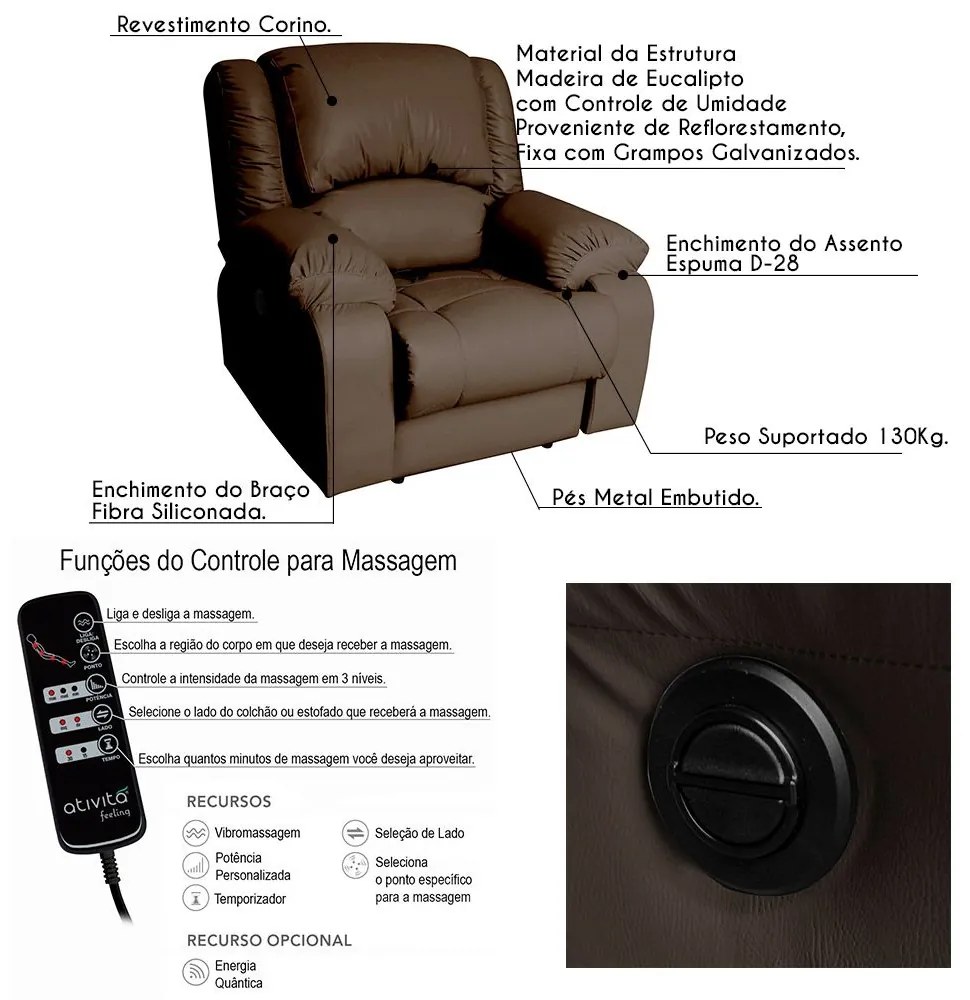 Poltrona do Papai Reclinável Elétrica com Massagem Magnum PU Sintético Marrom Fosco G23 - Gran Belo
