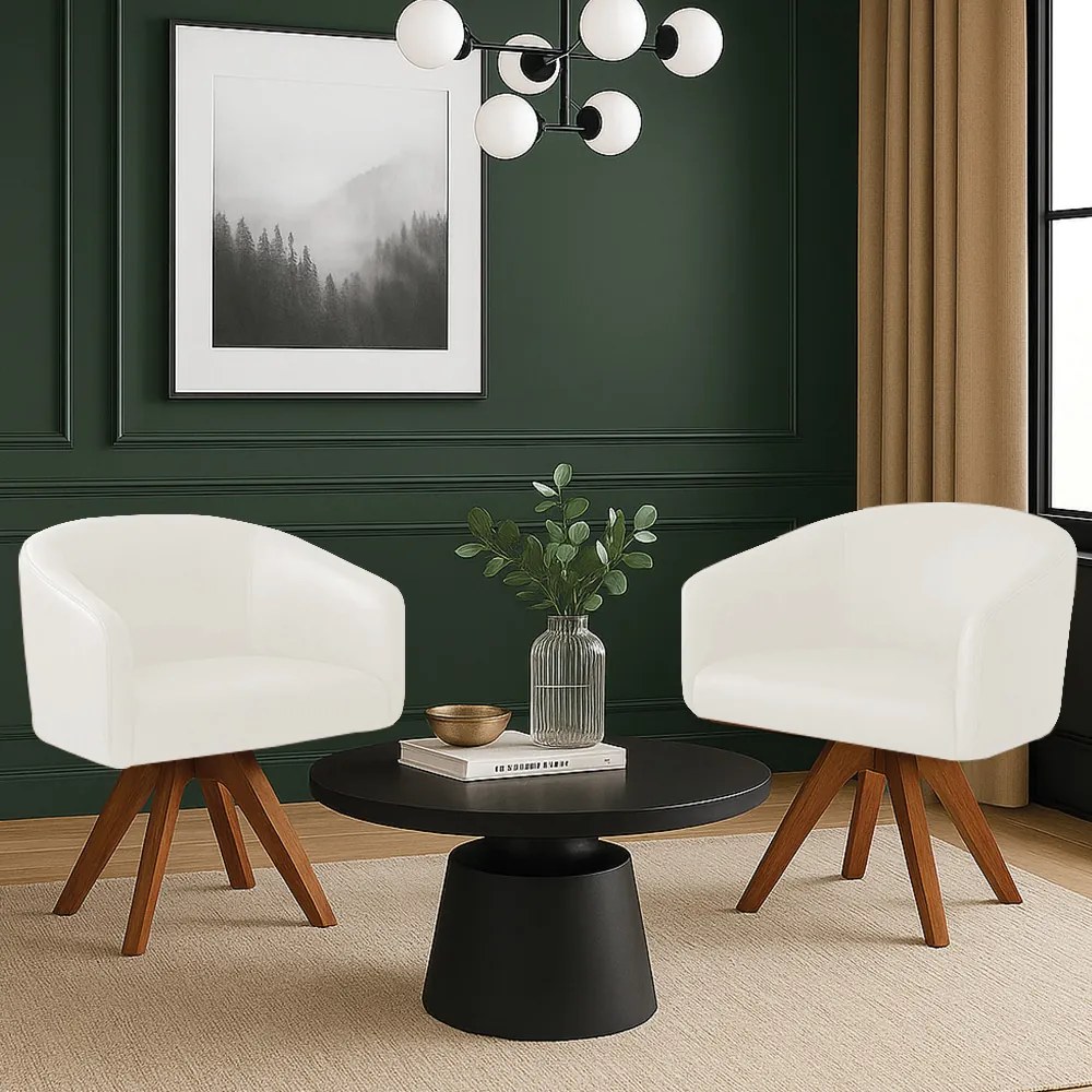 Poltrona Sala Base Giratória Madeira Kit 2 Arielle Sintético Pu D03 - D'Rossi - Branco