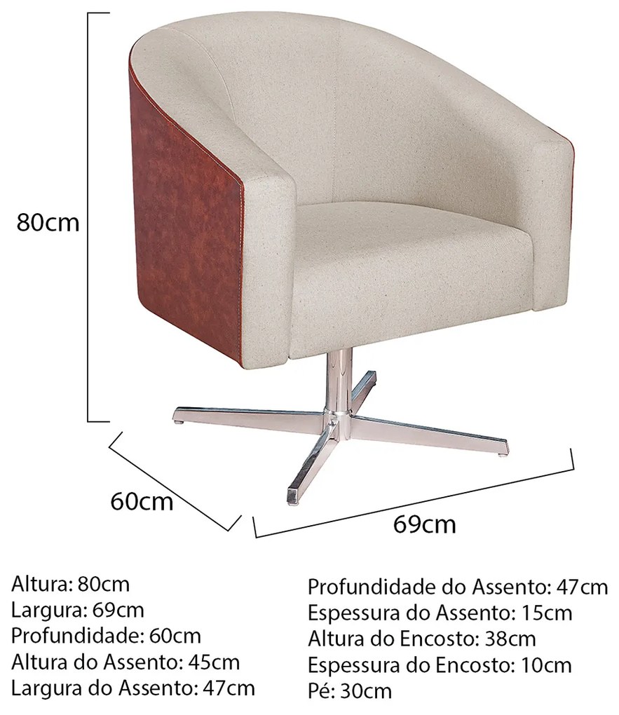 Poltrona Luiza Base Giratória de Metal Corano Nozes e Linho Bege - ADJ Decor