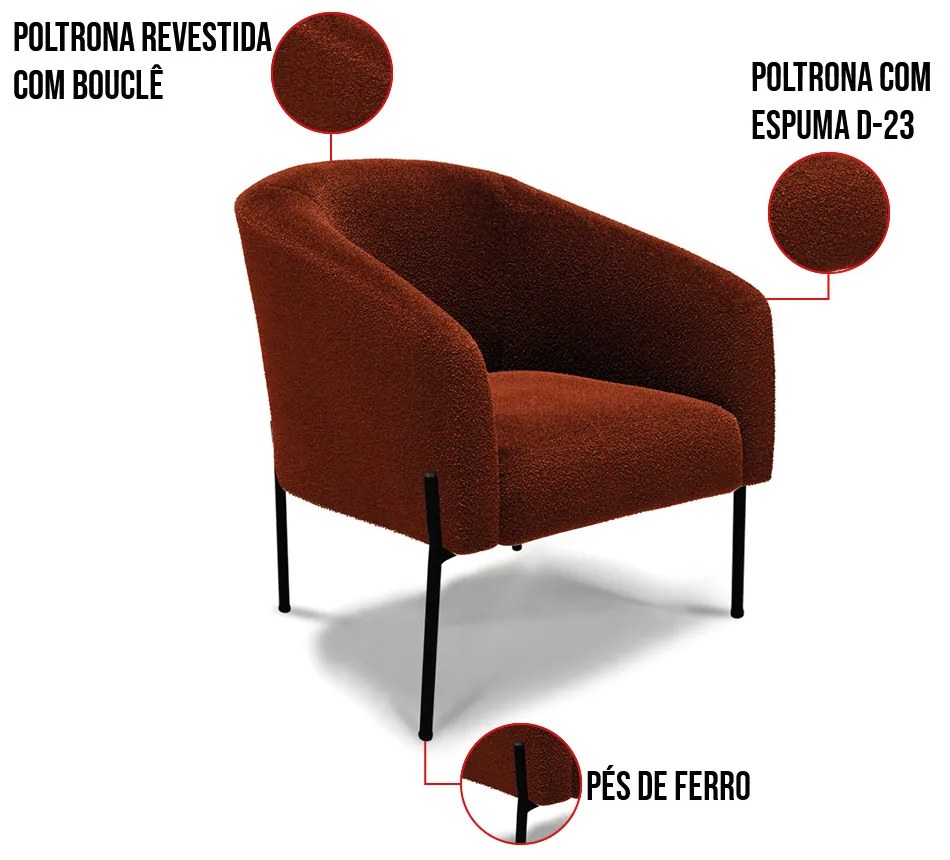 Poltrona Sala Decorativa Pé de Ferro Preto Kit 2 Stella Bouclê D03 - D'Rossi - Terra