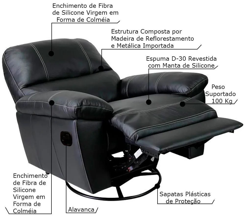 Poltrona do Papai Reclinável Giratória Armênia Glider Mecânico Couro Preto G40 - Gran Belo
