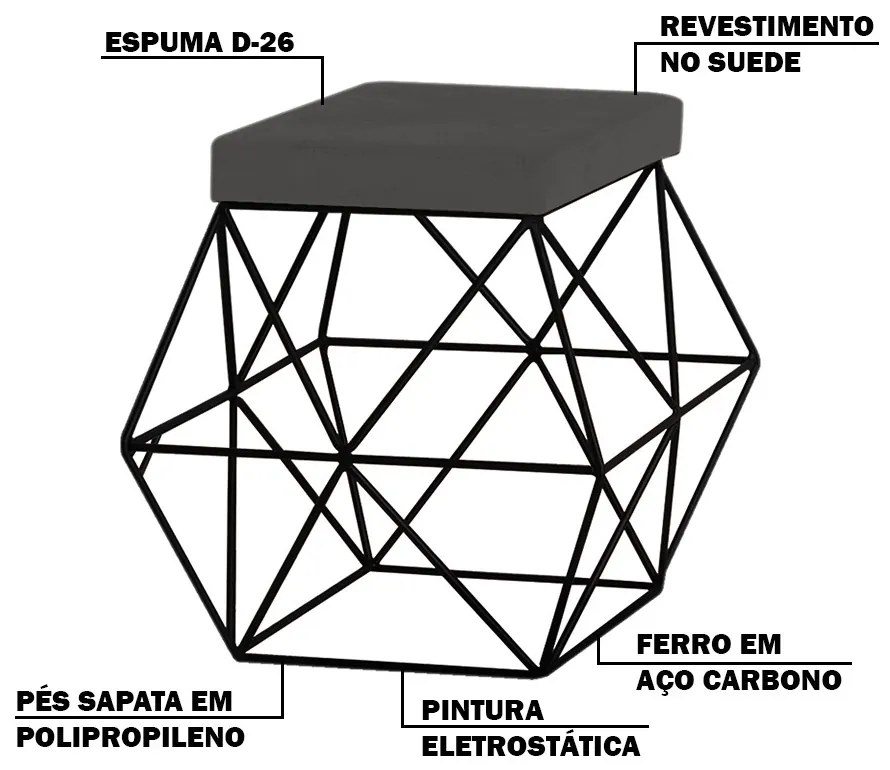 Puff Decorativo Sala de Estar Base Preto Trixie Suede Cinza G41 - Gran Belo