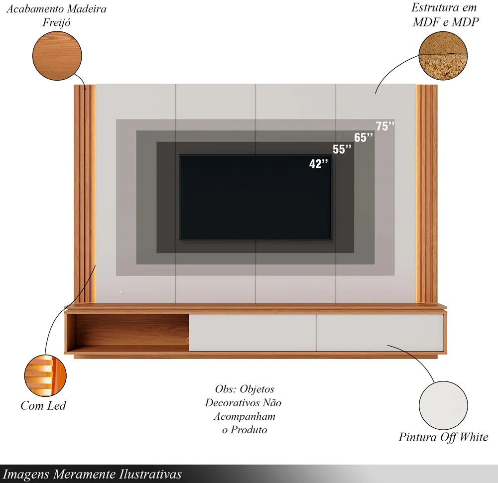 Home Suspenso Soge para TV até 75 Fita LED Portas Deslizantes MDP/MDF 217cm Off White/Freijó G73 - Gran Belo