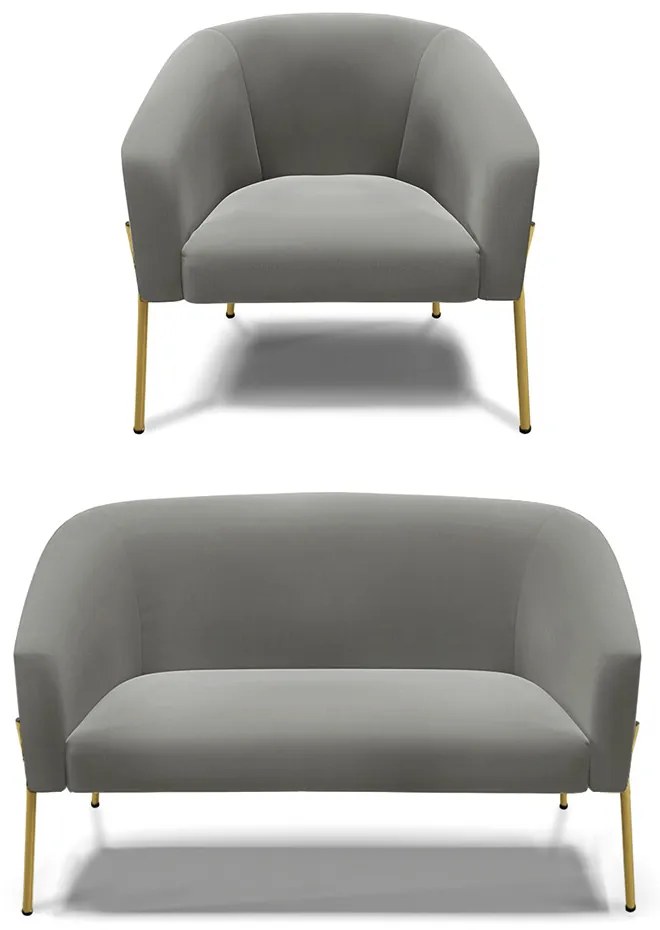 Sofá Namoradeira e Poltrona Pé de Ferro Dourado Stella Suede D03 - D'Rossi - Grafite