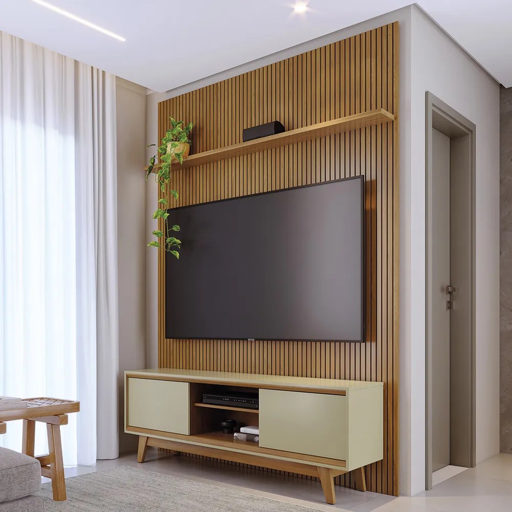 Painel TV 65 Pol 179cm Ripado Valen e Rack Bancada Mylan Cumaru/Opala M20 - D'Rossi