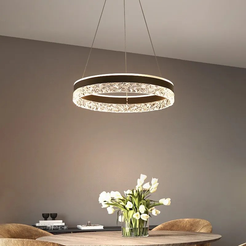 Lustre Pendente Minimalista e moderno led lustre de iluminação para casa anéis de cristal teto montado iluminação lustre lâmpada pendurada branco &amp; moldura ouro - H - Luz mutável I Tamanho 40cm