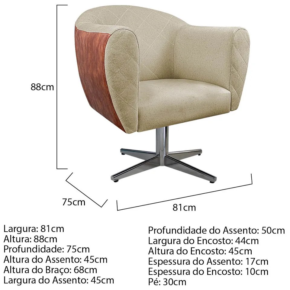 Kit 02 Poltronas Grazi Base Giratória de Metal Sintético Nozes Linho - ADJ Decor
