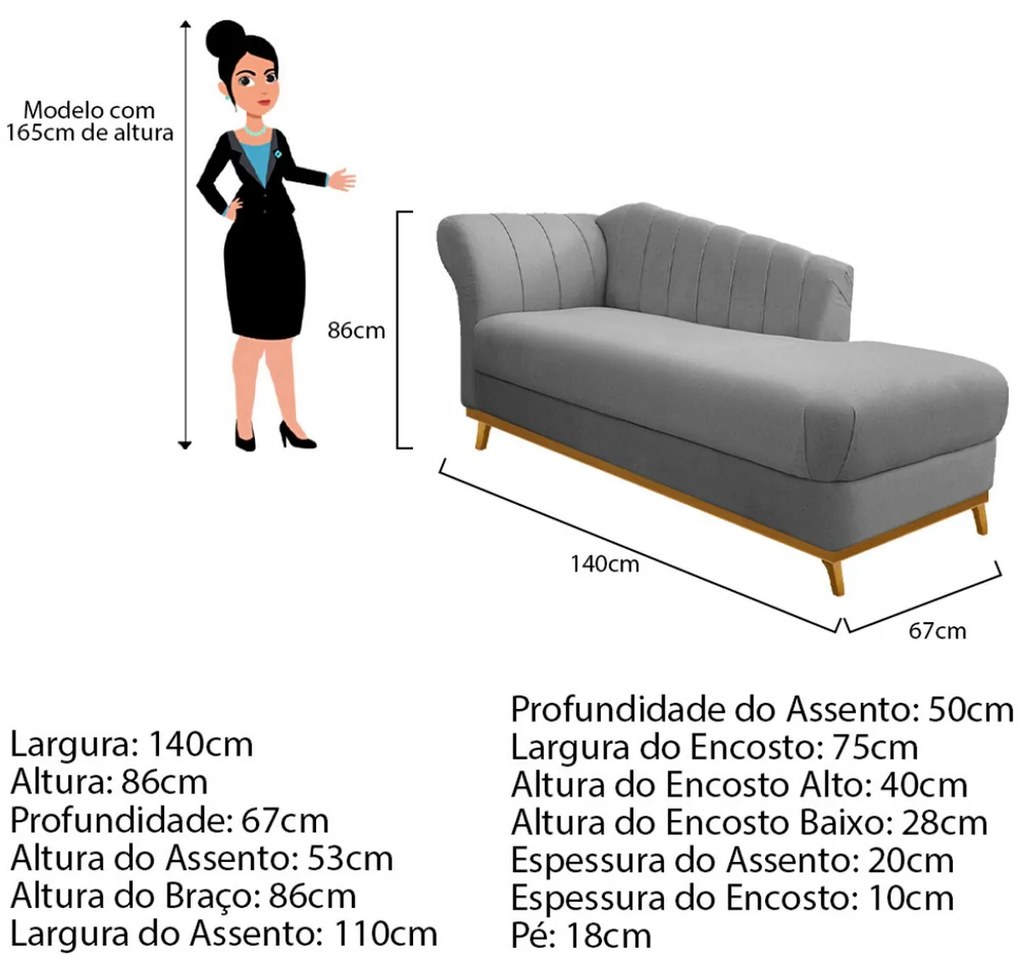 Recamier Vanessa 140cm Lado Direito Suede Cinza - ADJ Decor