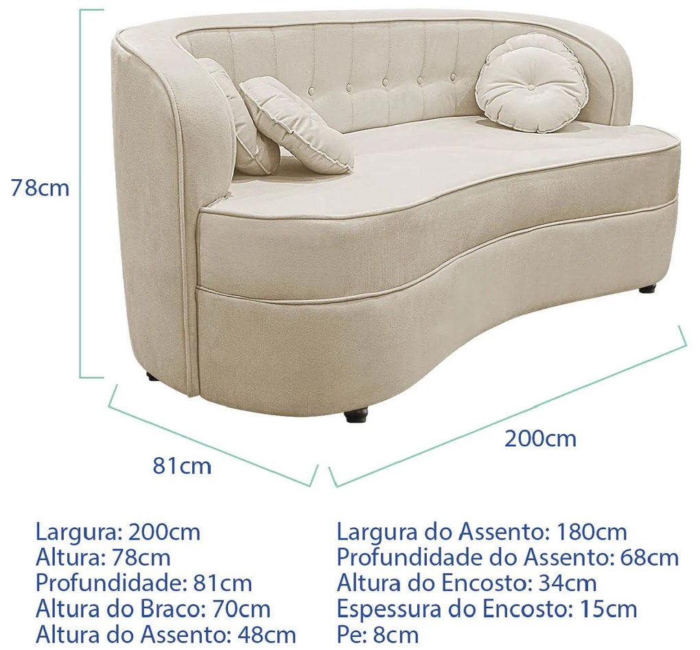 Sofá Curvo 3 Lugares Orgânico Sala Recepção Escritório Decorativo Luxo Panamá 200cm Linho