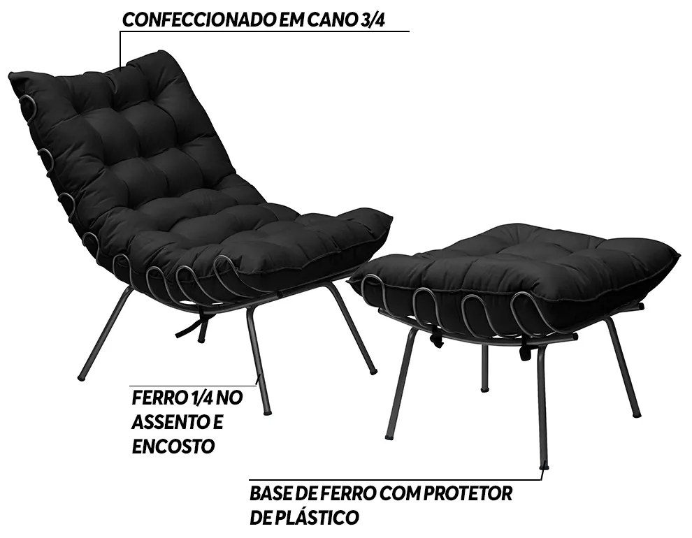 Conjunto Decorativo Poltrona e Puff Abel Base de Ferro Preto Veludo Preto G41 - Gran Belo