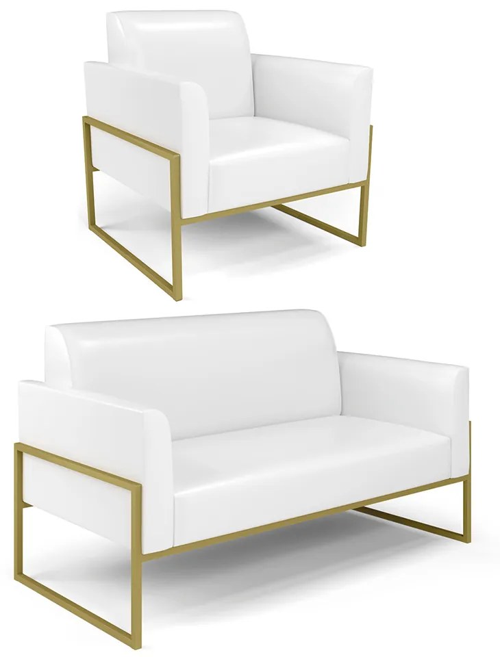 Sofá Namoradeira com Poltrona Base Industrial Alta Dourado Marisa Corano D03 - D'Rossi - Branco