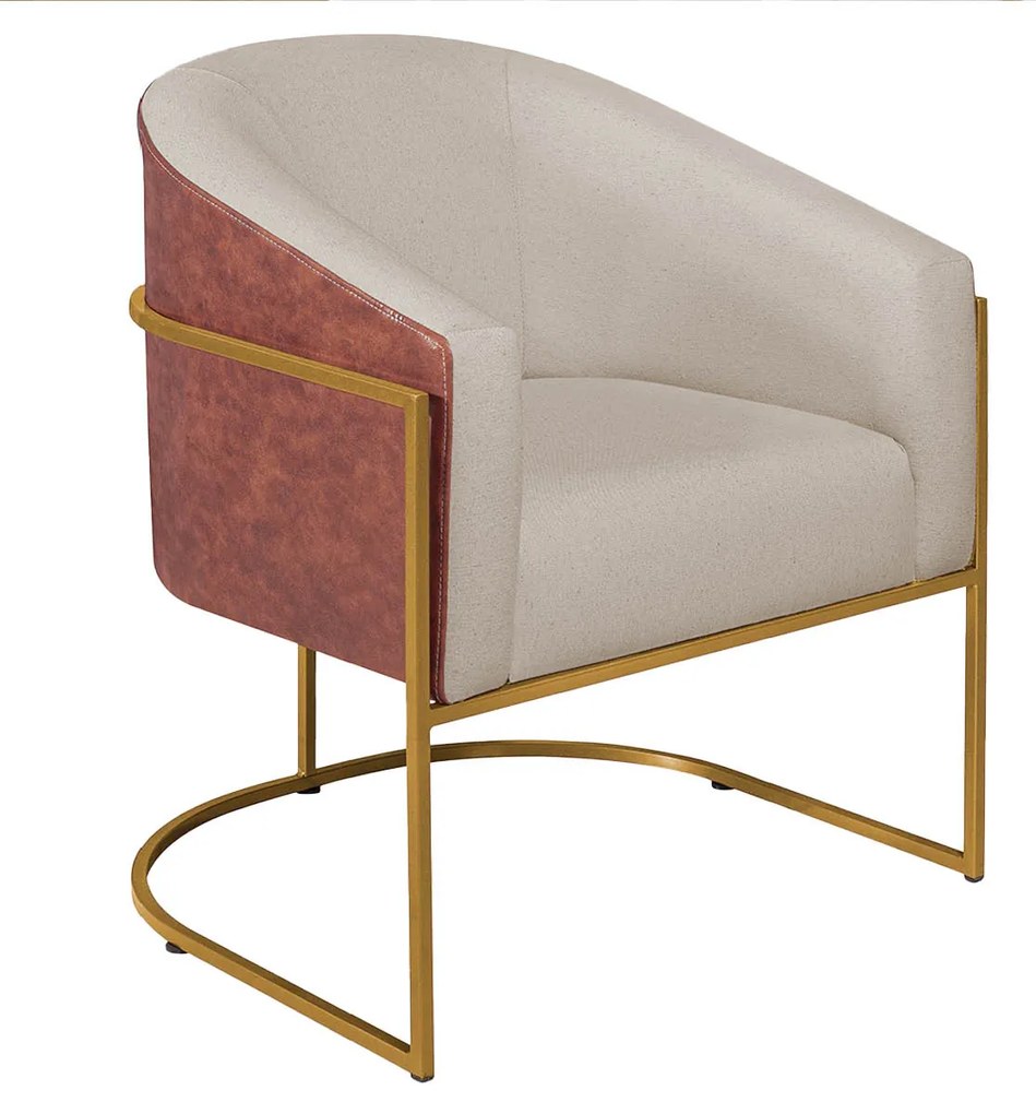 Kit 02 Poltronas Luiza Base de Ferro Dourado Corano Nozes e Linho Bege - ADJ Decor