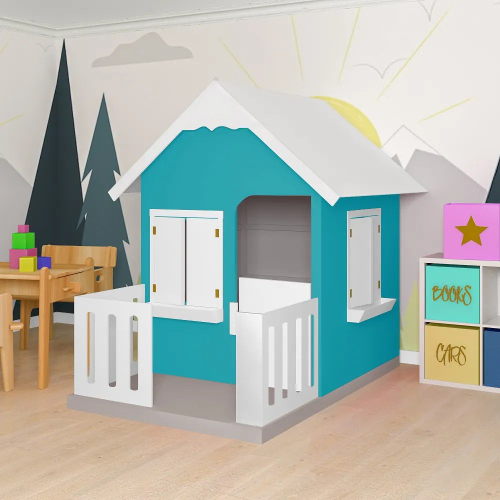 Casinha De Brinquedo Com Cercado Floreiros MDF Azul Turquesa/Branco L12 - Gran Belo