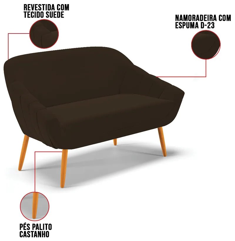 Namoradeira 02 Lugares Giovana Suede Pés Palito Castanho D03 - D'Rossi - Marrom