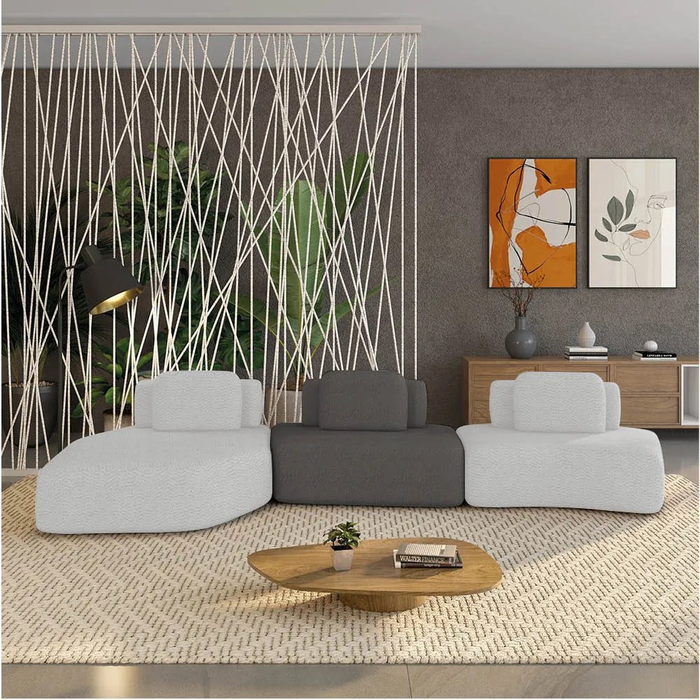Sofá 3 Lugares Orgânico com Chaise e 2 Módulos Berlim Bouclê Cinza Claro/Grafite K01 - D'Rossi