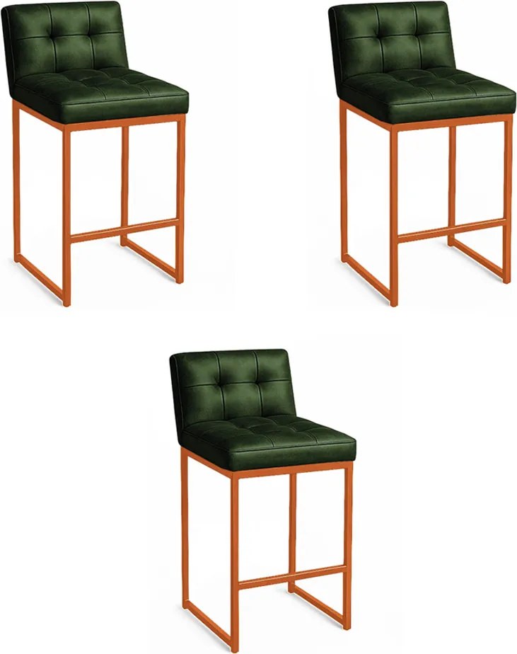 Banqueta Cozinha Alta com Encosto Industrial Kit 3 Bronze Lirina PU C05 - D'Rossi - Verde