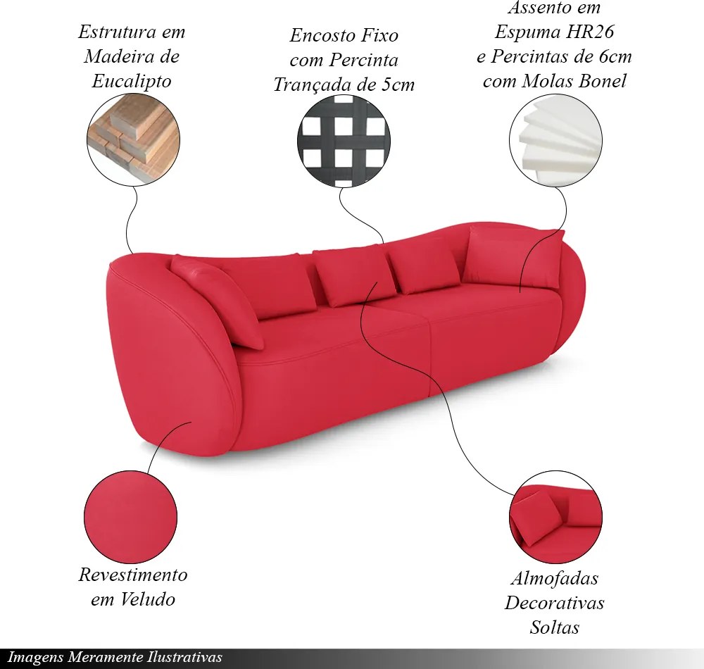 Sofá Bipartido Sala de Estar Diamond 292cm com Almofadas Soltas Veludo Vermelho G52 - Gran Belo