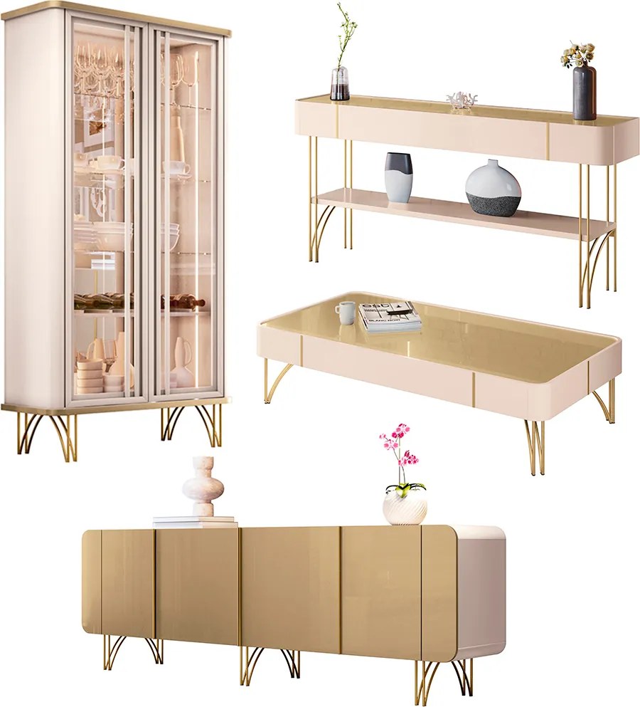 Conjunto 1 Cristaleira 1 Buffet 1 Mesa de Centro e 1 Aparador Texas/Virginia/Rennes Off White/Champagne G26 - Gran Belo